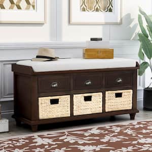 19 in. H x 42 in. L x 15 in. W Rustic Espresso Storage Bench with 3-Drawers, 3-Rattan Baskets, Shoe Bench for Entryway