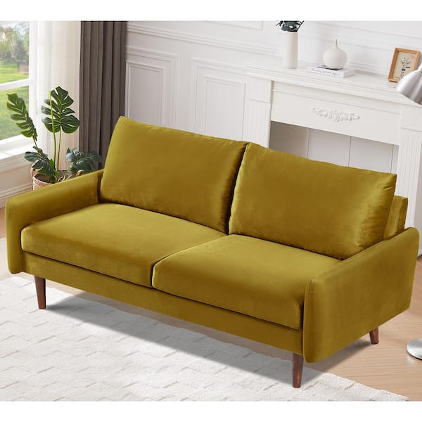US Pride Furniture Kalum 70 in. Wide Square Arm Velvet Mid-Century Modern Rectangle Sofa in Greenish Yellow
