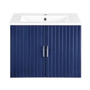 24 in. MDF Hanging Blue Ready to Assemble Bathroom Vanity Cabinet with White Sink and Soft-Close Doors
