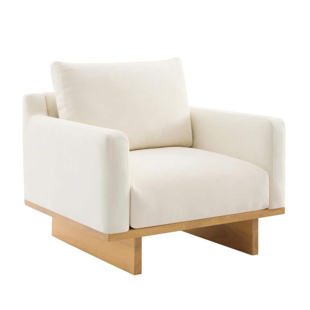 Beige boucle arm chair with wood frame, 3/4 view.