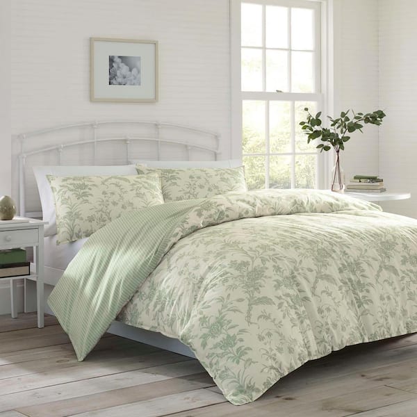 Laura Ashley Natalie 3-Piece Green Floral Cotton Full/Queen Duvet
