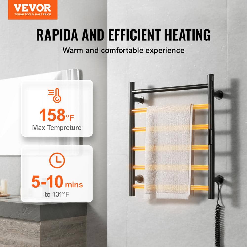 Black Stainless Steel Wall Mounted Heated Towel Rack with Timer