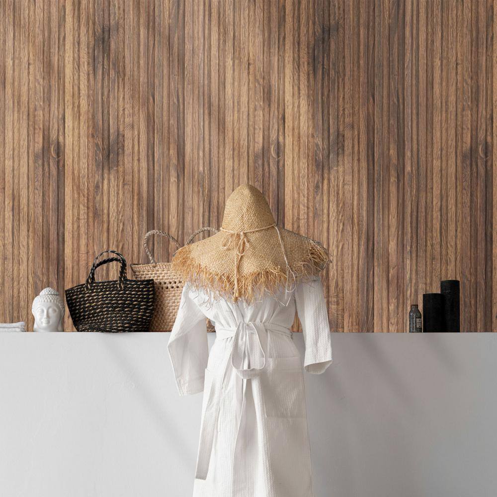 Walnut Brown Textured Shiplap Wood Slat Wall Panels, 94.5" x 12", Pack of 10