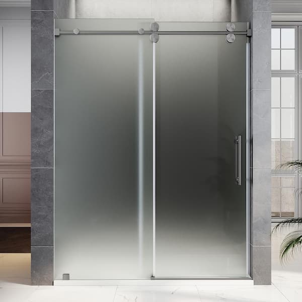 UKS04 56 to 60 in. W x 80 in. H Sliding Frameless Shower Door in Space Gray, Enduro Shield 3/8 in. Acid-Etch Glass