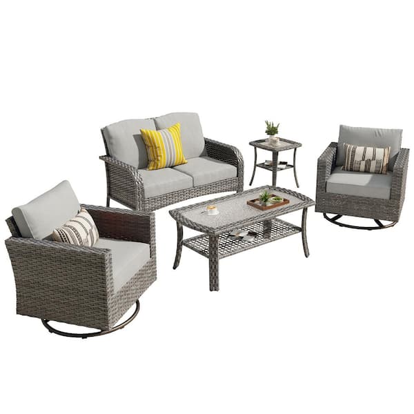 Missisi Gray 5-Piece Wicker Patio Conversation Set with Dark Gray Cushions and Swivel Chairs