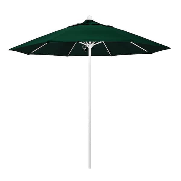 California Umbrella 9 ft. White Aluminum Commercial Market Patio Umbrella with Fiberglass Ribs and Push Lift in Hunter Green Olefin