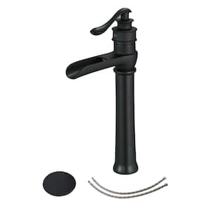 Single Handle Single Hole Waterfall Bathroom Vessel Sink Faucet with Pop-Up Drain Assembly Included in Matte Black
