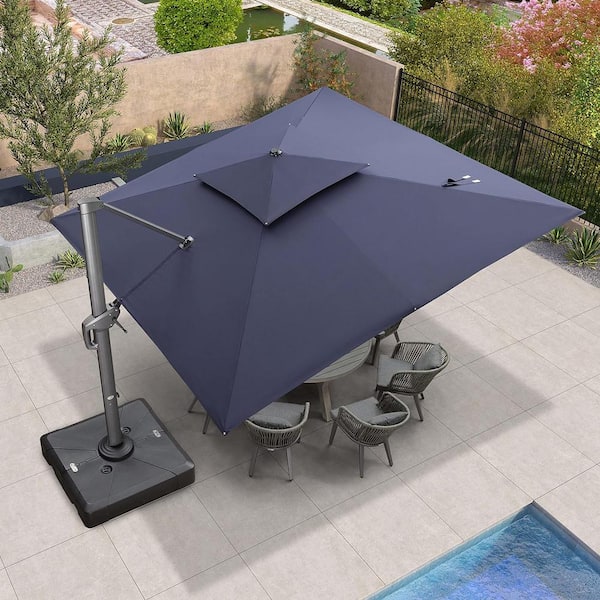 PURPLE LEAF 12 ft. Square 2-Tier Aluminum Cantilever 360-Degree Rotation Patio Umbrella with Base, Navy Blue