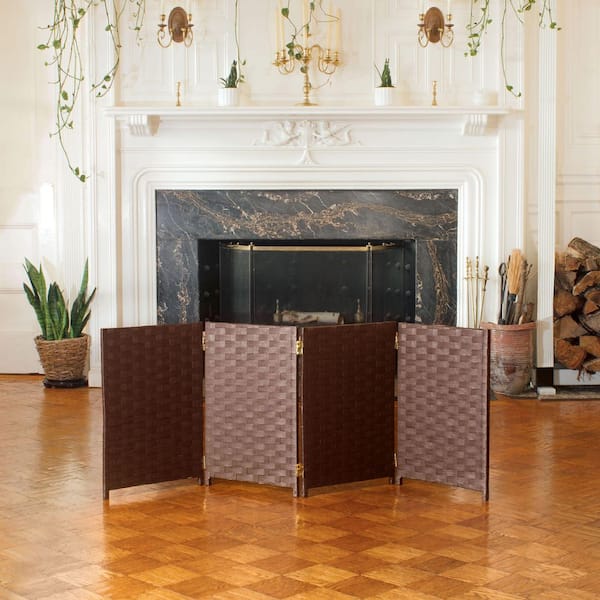 Oriental Furniture 2 ft. Short Woven Fiber Folding Screen - 4 Panel - Dark Mocha