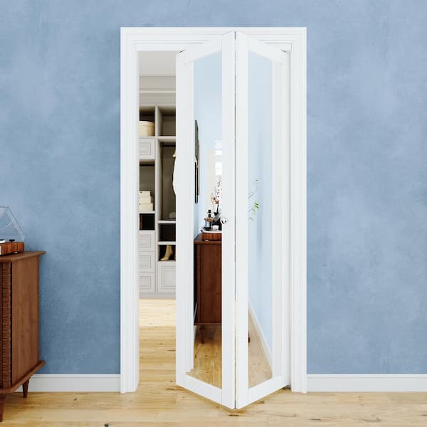 36 in. x 80 in. 1-Lite Mirrored Glass and Solid Core White Finished MDF Closet Bi-Fold Door with Hardware