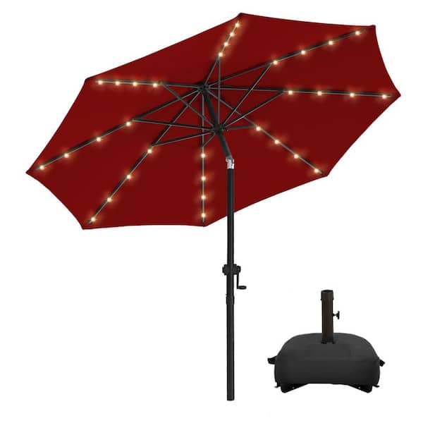 PASAMIC 9 ft. Aluminum Solar Led Market Umbrella Outdoor Patio Umbrella with Base 32 LED Lights in Burgundy
