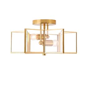 16.3 in. 2-Light Gold-Hexagon Modern Semi-Flush Mount With Clear Glass Shade and No Bulbs Included
