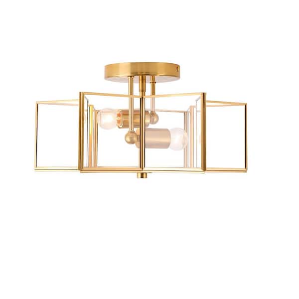Meluaim 16.3 in. 2-Light Gold-Hexagon Modern Semi-Flush Mount With Clear Glass Shade and No Bulbs Included