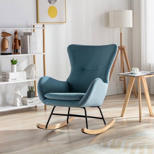 blue upholstered rocking chair