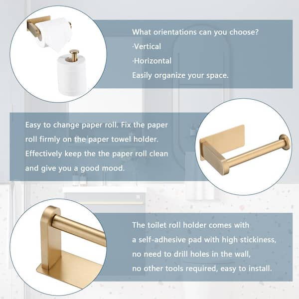 Flynama Wall-Mount Single Post Toilet Paper Holder Stainless Steel Adhesive  Toilet Roll Holder no Drilling in Brushed Gold JX-219112864 - The Home Depot