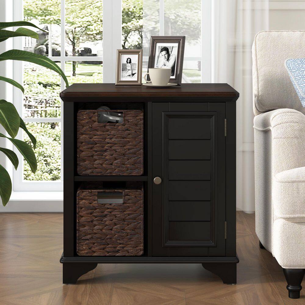 23.1 in. Black Rectangular Wood End Table with a Shutter Style Design,2 Woven Grass Baskets