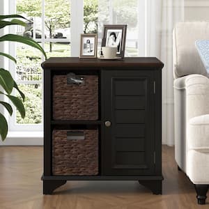 23.1 in. Black Rectangular Wood End Table with a Shutter Style Design,2 Woven Grass Baskets