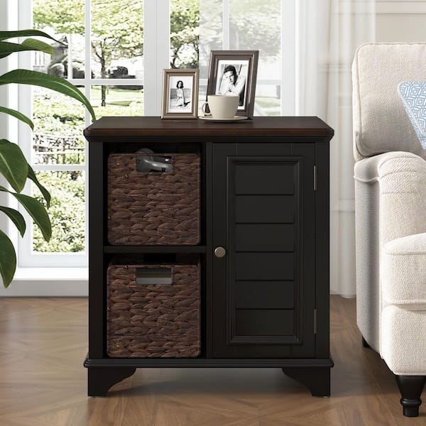 Polibi 23.1 in. Black Rectangular Wood End Table with a Shutter