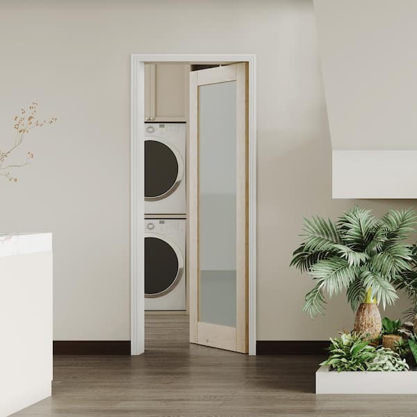 28 in. x 80 in. Pine Wood Color, No Bore, Full Lite, Frosted Glass Light Brown Primed Solid Wood Interior Door Slab