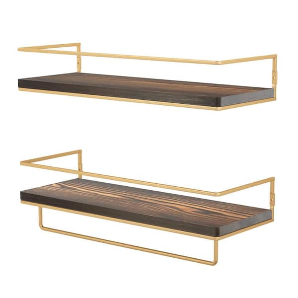 Unbranded 5.71 in. D x 15.7 in. W x 2.28 in. H Gold-Brown Floating Shelves with Towel Rack (Set of 2)