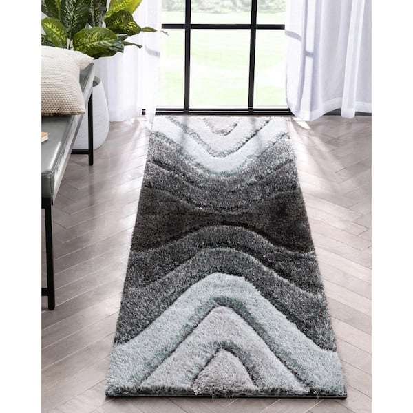 San Francisco Luz Modern Geometric Shag Hand-Carved, Light Blue 2 ft. 3 in. x 7 ft. 3 in. Runner, Area Rug