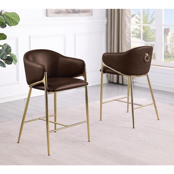 Esme 40 in H. Espresso Color Low Back Metal Frame Bar Stool With Leath-Aire Upholstery Set of 2