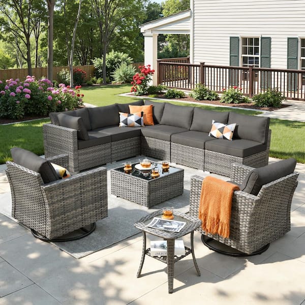 Daffodil G Gray 10-Piece Wicker Outdoor Patio Conversation Sectional Set with Swivel Rocking Chairs and Black Cushions