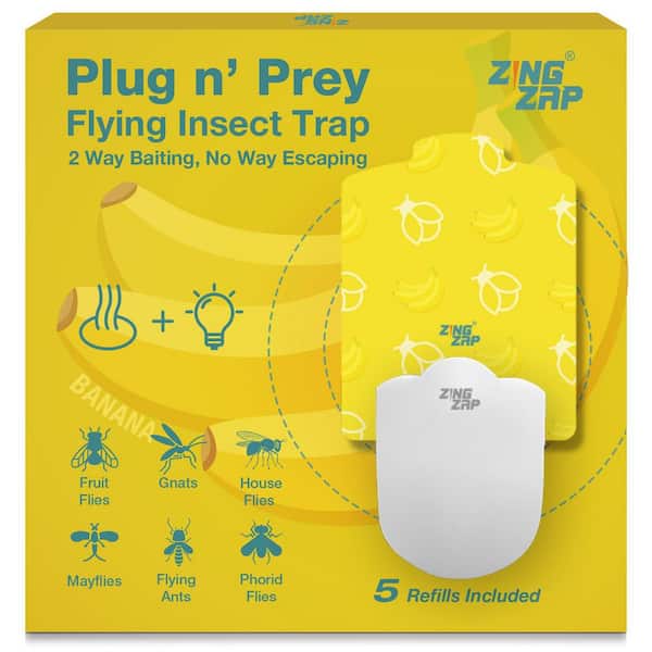 ZINGZAP Flying Insect Trap for House Flies, Moths and Light-Loving Insects, Plug in Station Plus 5-Trap Boards, Banana Scent