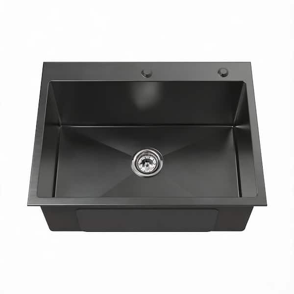 27 in. Overmount Single Bowl 20-Gauge Black Stainless Steel Kitchen Sink with Drain and Hook Included