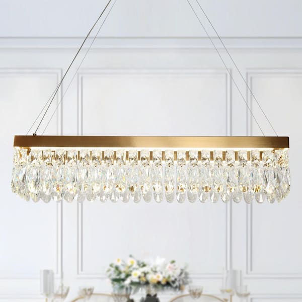 LNC Modern 36.2 in. 1-Light Dimmable Integrated LED Plated Brass Island Chandelier with Glam Crystal Accent for Dining Room