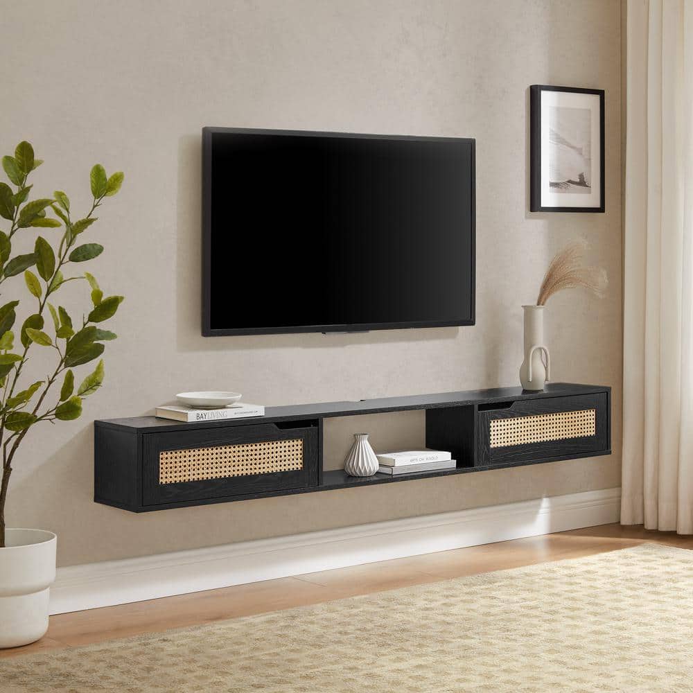 70" Black Wood Floating TV Stand with Rattan Doors