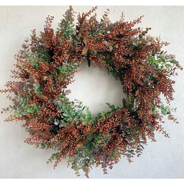 Glitzhome 24 in. Unlit Green Artificial Harvest Wreath with Seeds
