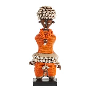 Small Hand-Crafted Pine Wood, Cowrie Shells, Orange Beads and Kente Cloth African Woman Namji Doll