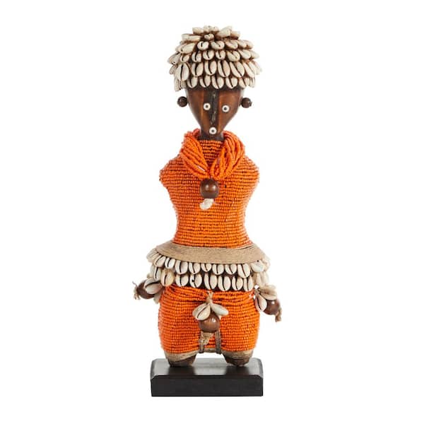 Litton Lane Small Hand-Crafted Pine Wood, Cowrie Shells, Orange Beads and Kente Cloth African Woman Namji Doll