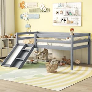 Gray Wood Frame Twin Size Low Loft Bed with Slide, Sloping Ladder, Safety Guardrails