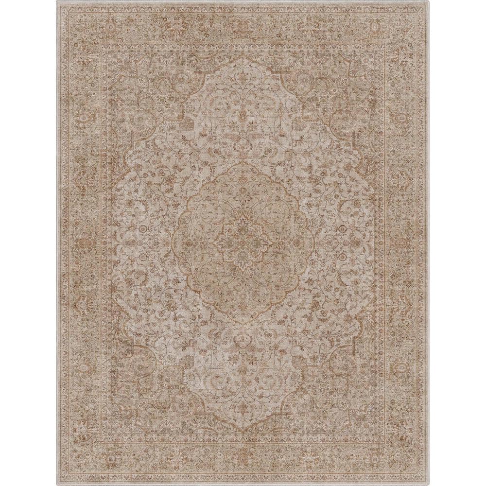Beige Chenille Oriental Washable Reversible Area Rug 9'10" x 13'