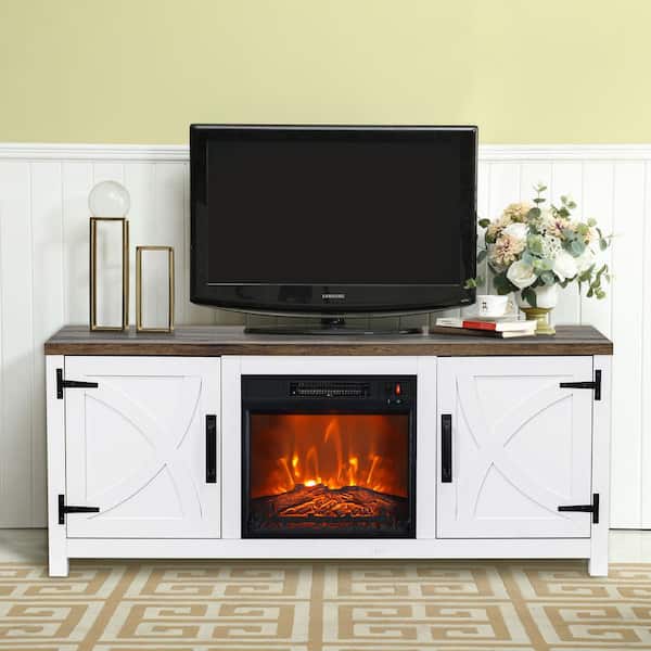 Farmhouse 58 in. Freestanding Media Console Electric Fireplace TV Stand in White with Brown Top