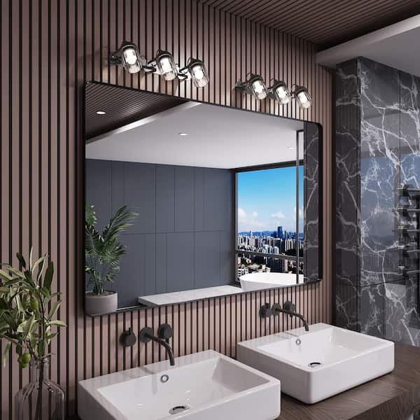 55 in. W x 36 in. H Rounded Rectangle Framed Wall Bathroom Vanity Mirror in Matte Black