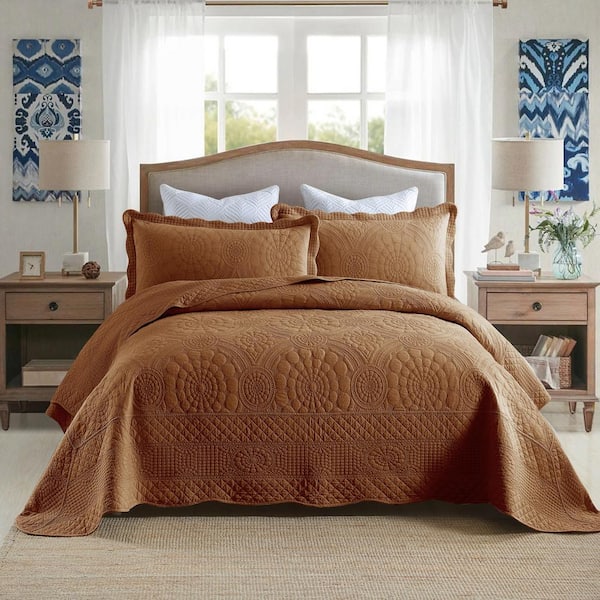 TF 3-Piece Multi Embroidery 100% Cotton Oversize Queen Size Lightweight Quilt Bedspread Set