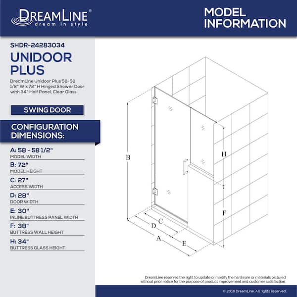 Unidoor Plus 58 to 58.5 in. x 72 in. Frameless Hinged Shower Door in Brushed Nickel