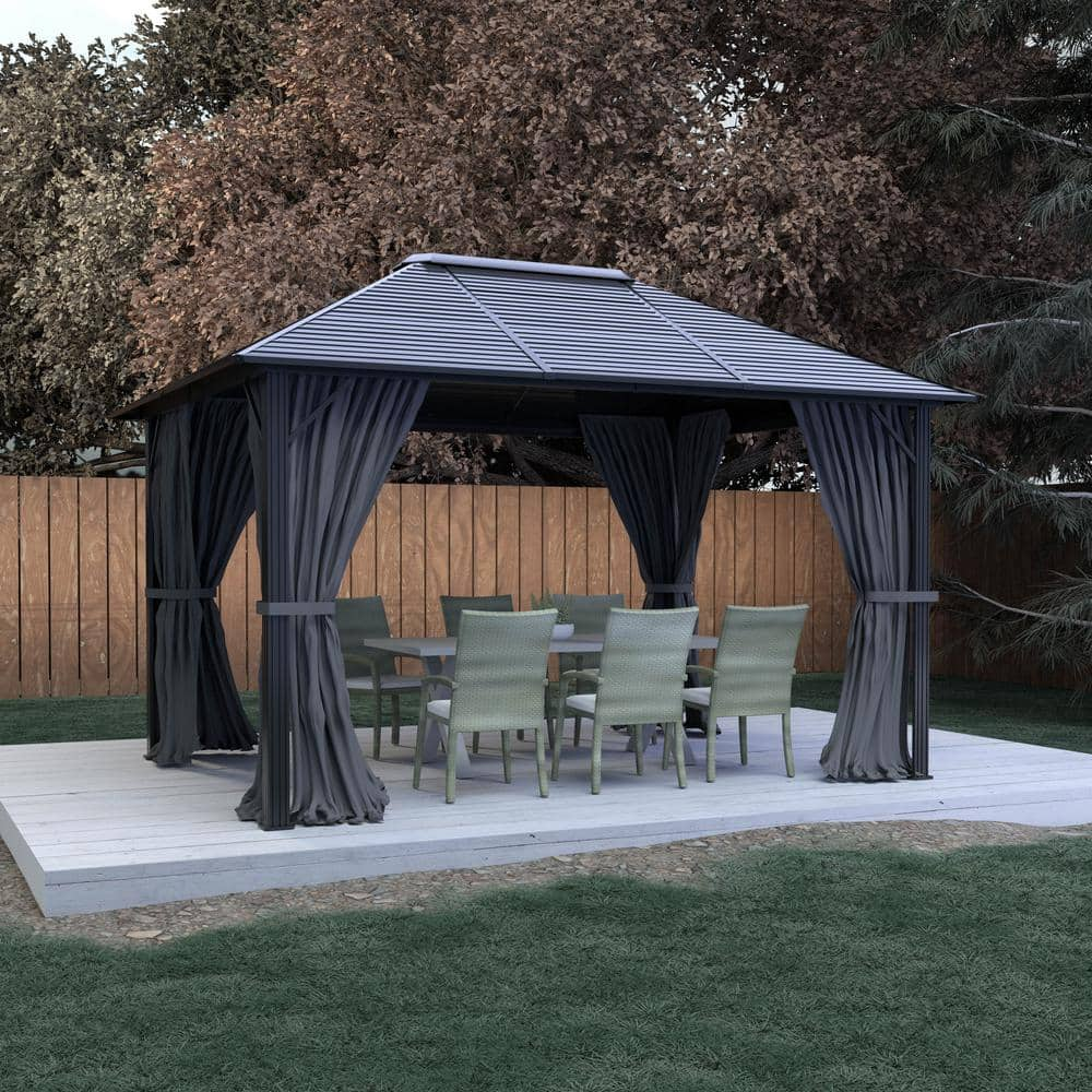 Veikous 12 Ft W X 10 Ft L X 87 Ft H Aluminum Hardtop Gazebo With Grey Curtains And Netting 