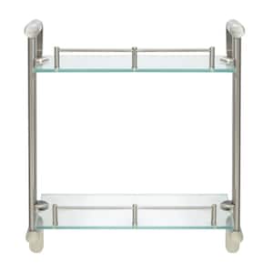 Oval 14.75 in. W Double Glass Wall Shelf with Pre-Installed Rails in Satin Nickel