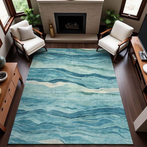 Mayfield Premium Machine Washable Abstract AMF1246 Turquoise 5 ft. x 7 ft. 6 in. Area Rug