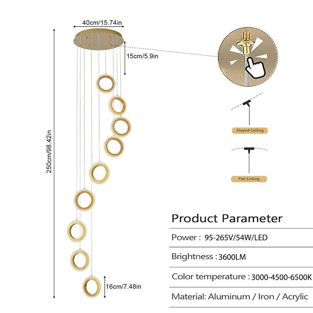Gold Acrylic and Aluminum 9-Ring Adjustable Height Chandelier