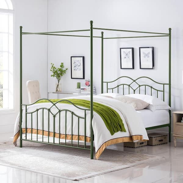 Earhart Industrial Antique Green Metal Frame Full Size Canopy Bed with Wavy Slatted Headboard and Footboard
