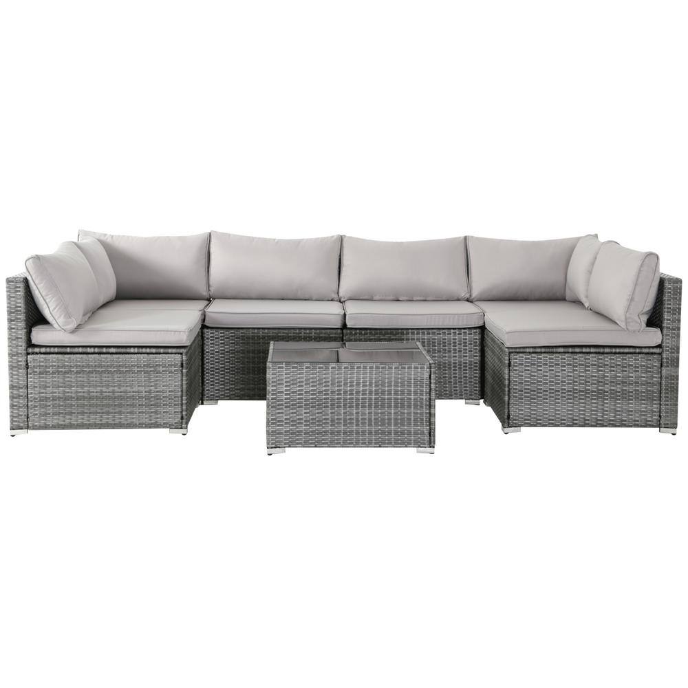 7-Piece Gray Wicker Outdoor Sectional Set with Gray Cushions and Coffee Tab