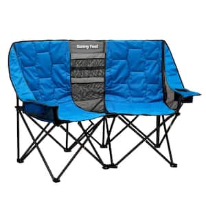 Blue 2-Seater Metal Outdoor Beach Chair Camping Lounge Chair with Mesh Net Storage Bag and Cup Holder