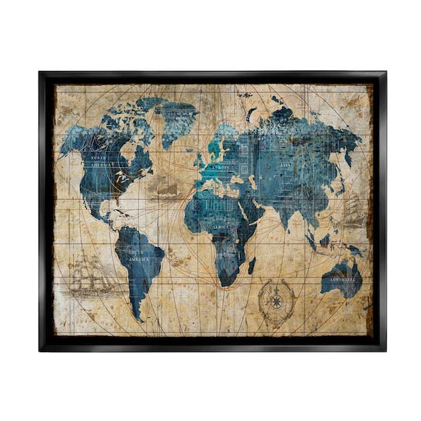 The Stupell Home Decor Collection Vintage Abstract World Map Design by Art Licensing Studio Floater Frame Typography Wall Art Print 21 in. x 17 in.