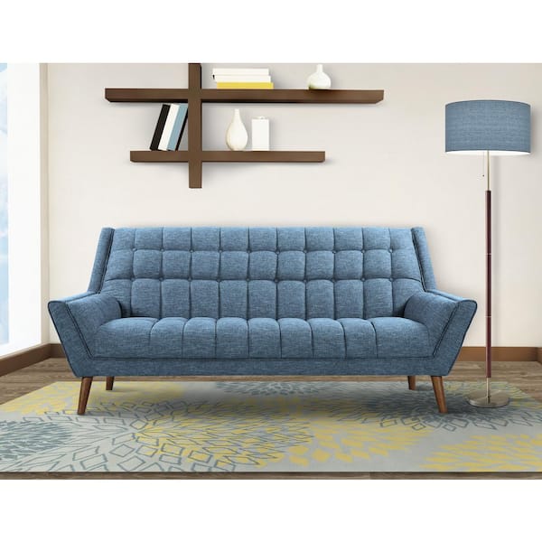 Armen Living Cobra Mid-Century Modern Blue Linen and Walnut Legs Sofa
