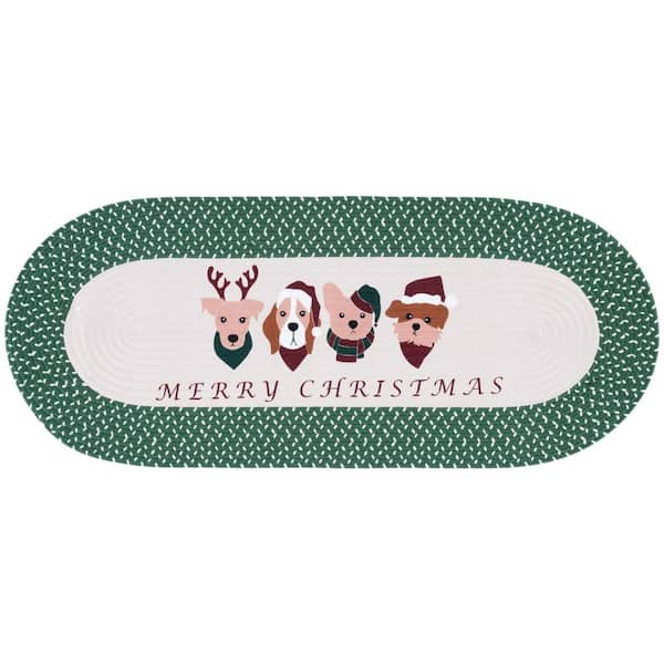 Braided Posters Ivory/Green 2 ft. x 4 ft. Machine Washable Merry Christmas Pets Oval Runner Rug